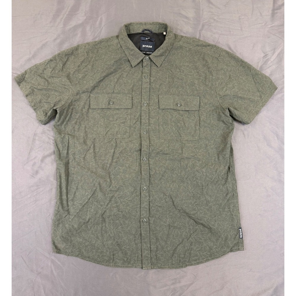 Prana Broderick Mens XL Slim Fit Short Sleeve Shirt Olive Mountain‎ Print Vent